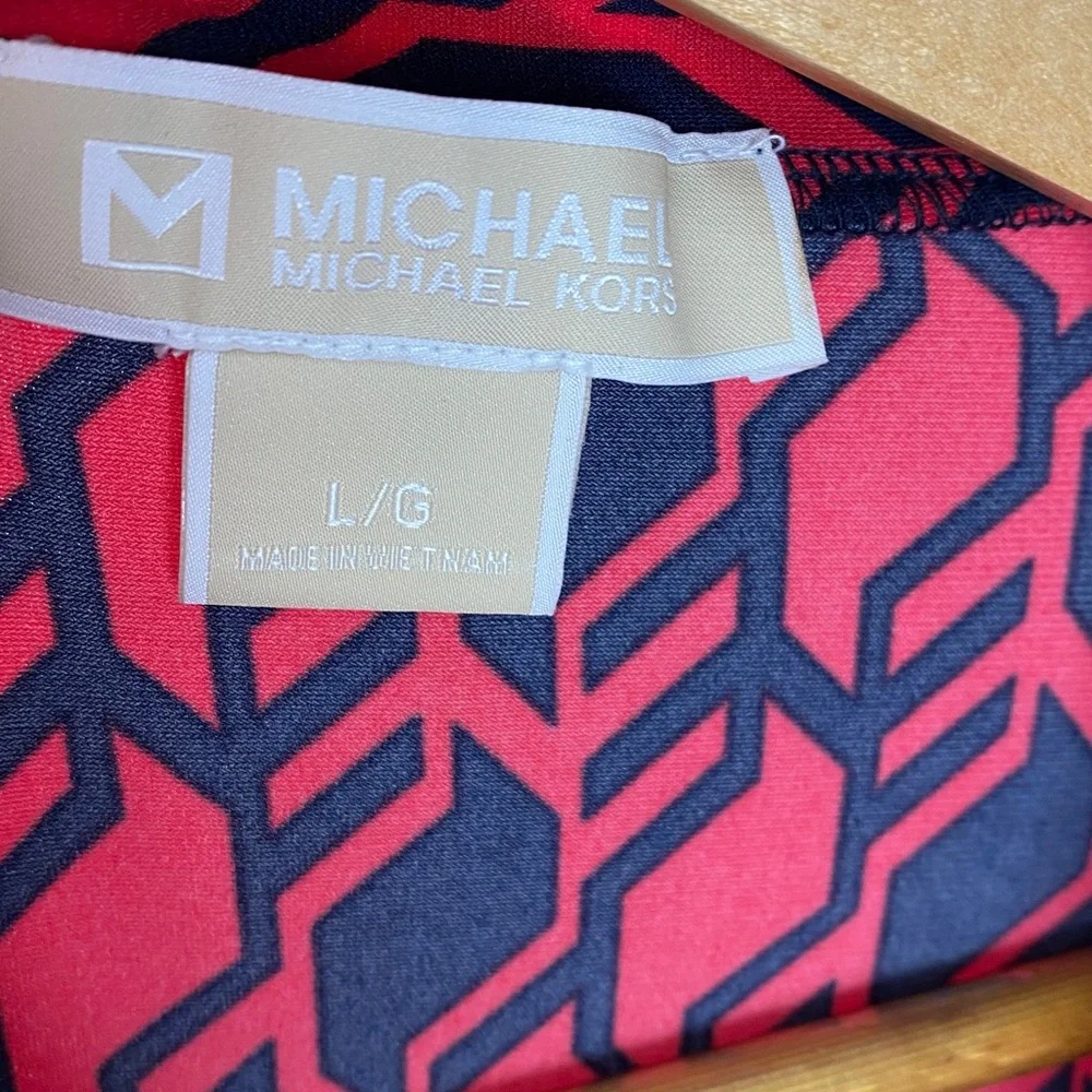Michael Michael Kors Blouse Top Size L Red Navy Geometric Print Tie Neck - Picture 4 of 11